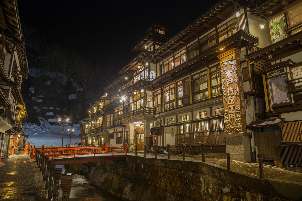 japan, hot spring, ryokan, yamagata, nature, silver mine, winter, light, night view, building, old, inn, bridge, showa, snow, trip, sightseeing, outdoor, holiday, view, landscape